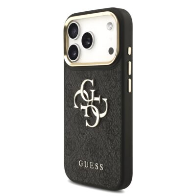 Juodas dėklas telefonui Apple iPhone 17 Pro Guess PU Leather 4G Metal Logo Gold Frame MagSafe