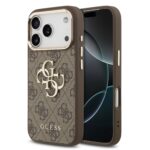 Rudas dėklas telefonui Apple iPhone 17 Pro Guess PU Leather 4G Metal Logo Gold Frame MagSafe su auksiniu rėmeliu ir logotipu