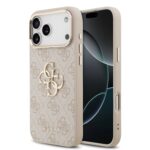 Rausvas dėklas telefonui Apple iPhone 17 Pro Max Guess PU Leather su auksiniu metaliniu logotipu ir MagSafe