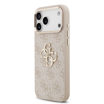 Rausvas dėklas telefonui Apple iPhone 17 Pro Max su Guess logotipu ir auksiniu metaliniu rėmeliu
