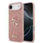 Rausvas dėklas Guess PU Fixed Glitter 4G Metal Logo telefonui Apple iPhone 17 Air su blizgiu paviršiumi ir metaliniu logotipu