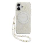 Baltas originalus dėklas Guess IML Flowers Allover Strap MagSafe telefonui Apple iPhone 17 su gėlių raštu ir karoliukų dirželiu