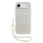 Baltas originalus deklas Guess IML Flowers Allover Strap MagSafe telefonui Apple iPhone 17 Air su geliu raštu ir granuliu dirliuku