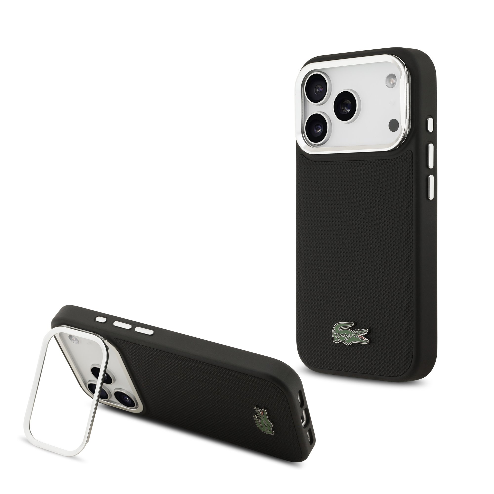Juodas dėklas telefonui Apple Iphone 17 Pro Lacoste Iconic Petit Pique Camera Stand MagSafe Juodas dėklas telefonui Apple Iphone 17 Pro Lacoste Iconic Petit Pique Camera Stand MagSafe su tekstūru ir kamera