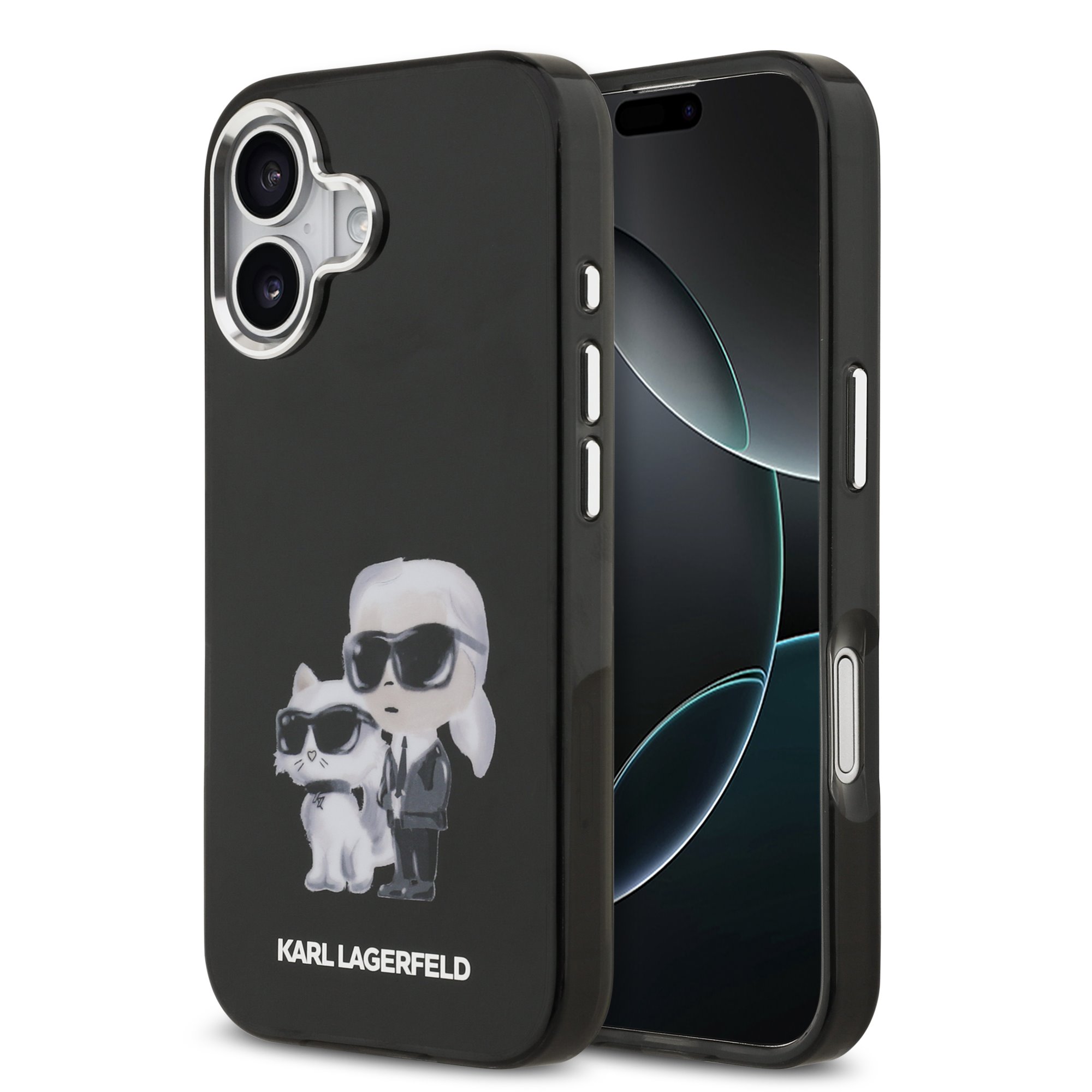 Juodas dėklas telefonui Apple Iphone 17 Karl Lagerfeld Juodas dėklas telefonui Apple Iphone 17 su Karl Lagerfeld ir Choupette iliustracija ir logotipu