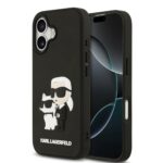 Juodas originalus dėklas Karl Lagerfeld 3D Rubber Karl and Choupette telefonui Apple iPhone 17 su iškiliais Karl ir katės Choupette vaizdais