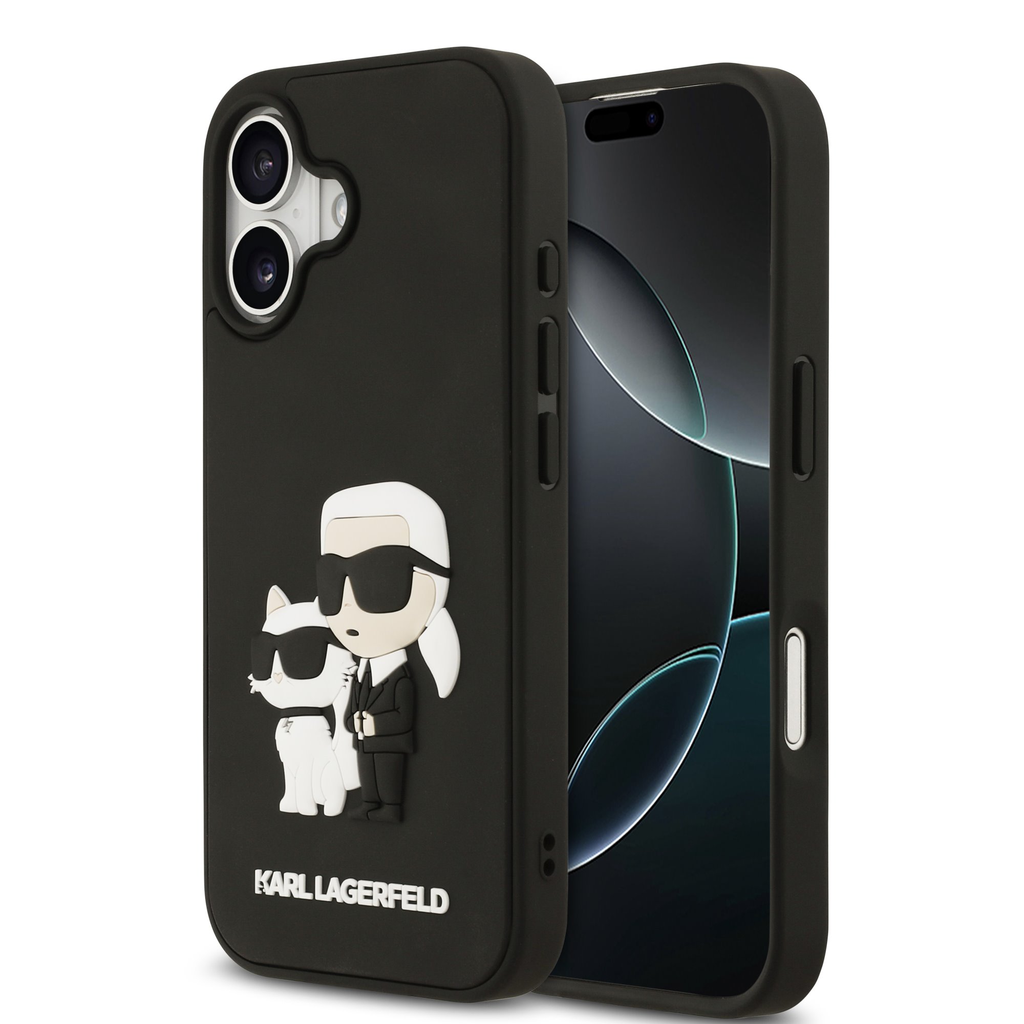 Juodas originalus dėklas Karl Lagerfeld 3D Rubber Karl and Choupette telefonui Apple iPhone 17 Juodas originalus dėklas Karl Lagerfeld 3D Rubber Karl and Choupette telefonui Apple iPhone 17 su iškiliais Karl ir katės Choupette vaizdais