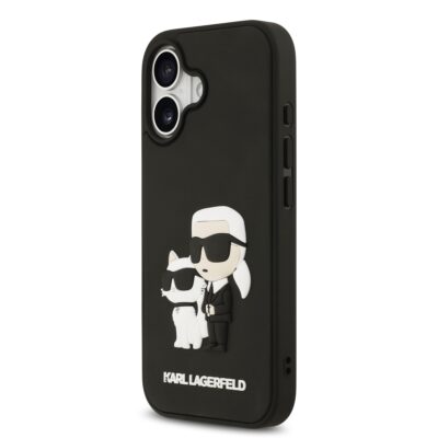Juodas originalus dėklas Karl Lagerfeld 3D Rubber Karl and Choupette telefonui Apple iPhone 17 su baltomis ir juodomis dekoracijomis