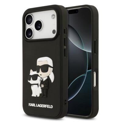 Juodas originalus dėklas Karl Lagerfeld 3D Rubber Karl and Choupette telefonui Apple iPhone 17 Pro su figūrėlėmis