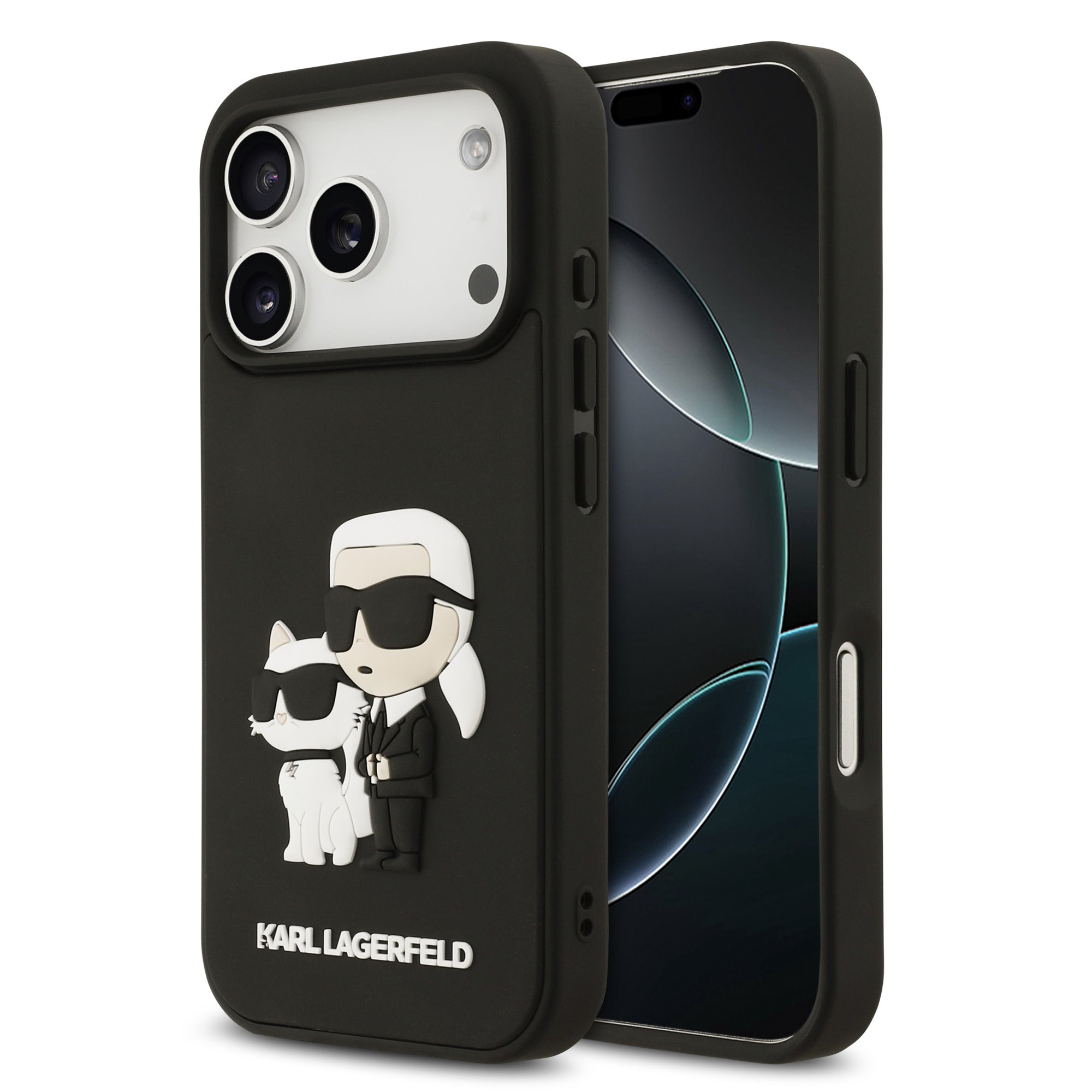 Juodas originalus dėklas Karl Lagerfeld 3D Rubber Karl and Choupette iPhone 17 Pro Juodas originalus dėklas Karl Lagerfeld 3D Rubber Karl and Choupette telefonui Apple iPhone 17 Pro su figūrėlėmis