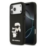 Juodas originalus dėklas Karl Lagerfeld 3D Rubber Karl and Choupette telefonui Apple iPhone 17 Pro Max su iškiliais herojų piešiniais