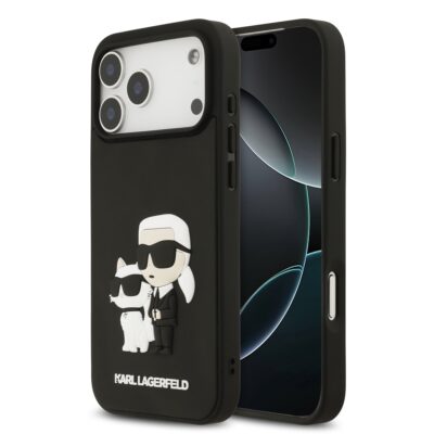 Juodas originalus dėklas Karl Lagerfeld 3D Rubber Karl and Choupette telefonui Apple iPhone 17 Pro Max su iškiliais herojų piešiniais