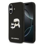 Juodas dėklas telefonui Apple iPhone 17 su Karl Lagerfeld iliustracija ir itin lygiu paviršiumi