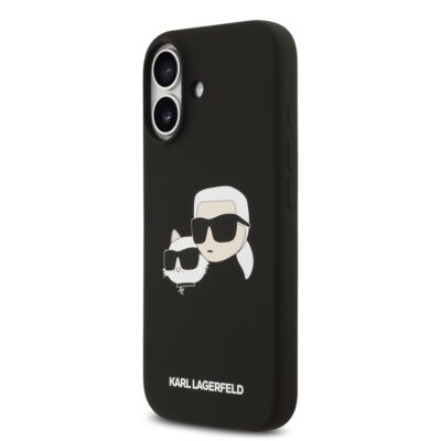 Juodas dėklas telefonui Apple Iphone 17 Karl Lagerfeld Liquid Silicone Double Heads MagSafe su animaciniu Karl Lagerfeld ir katės piešiniu