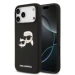 Juodas dėklas Karl Lagerfeld Liquid Silicone Double Heads MagSafe telefonui Apple iPhone 17 Pro Max su animaciniais personažais