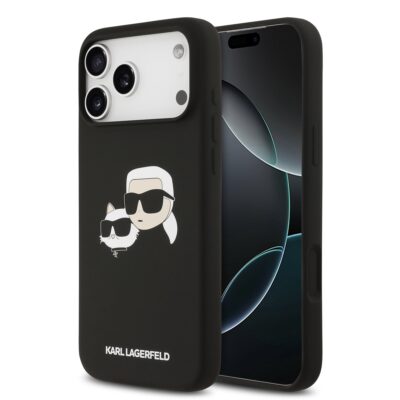 Juodas dėklas Karl Lagerfeld Liquid Silicone Double Heads MagSafe telefonui Apple iPhone 17 Pro Max su animaciniais personažais