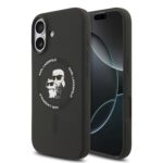 Juodas dėklas Karl Lagerfeld Liquid Silicone su Karl ir Choupette piešiniu Apple iPhone 17 telefonui