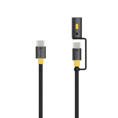 Juodas Tactical Stinger USB-C USB-C kabelis su geltonais elementais ir tvirtu pynimu