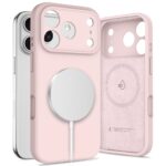 Rausvas dėklas Apple Iphone 17 Pro Max Tech-Protect Liquid Silicone Magsafe, matomas iš priekio ir iš vidaus su įmontuotomis skylėmis kameroms ir magnetiniu krovikliu