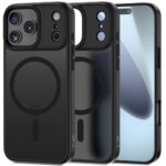 Juodas matinis dėklas telefonui Apple Iphone 17 Pro Max su MagSafe žiedu matomas iš priekio ir nugarėlės