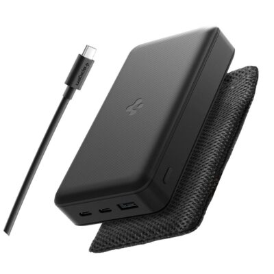 Juoda išorinė baterija SPIGEN EA3020 Power Bank 20000 mAh 30W su USB-C kabeliu ir užvalkalu