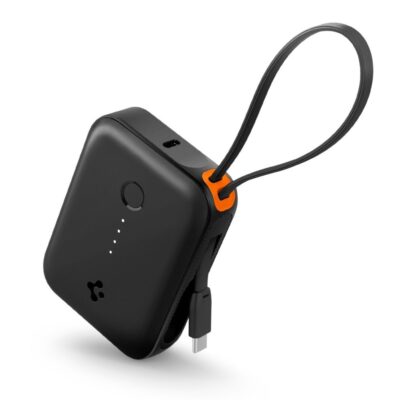 Juoda išorinė baterija SPIGEN ESSENTAIL EA3010BT POWER BANK 10000 MAH 30W su prisegamų kabliu ir USB-C jungtimi