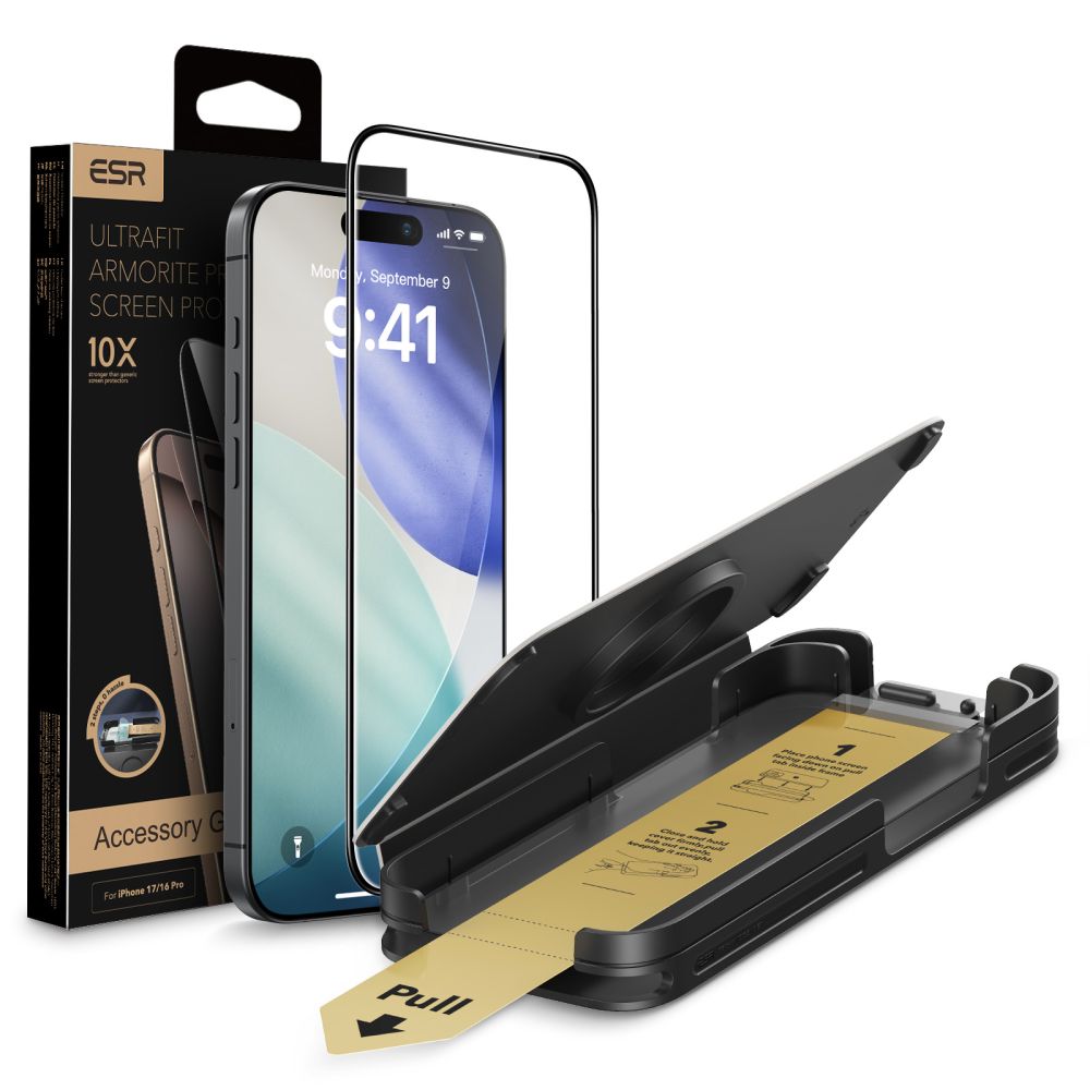 Skaidrus apsauginis ekrano stikliukas Apple iPhone 17 Pro ESR ULTRAFIT ARMORITE PRO Skaidrus apsauginis ekrano stikliukas Apple iPhone 17 Pro su priedais ir dėklu