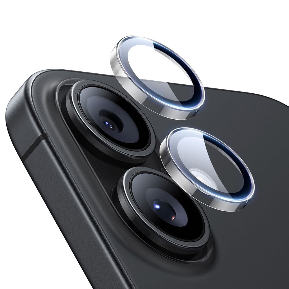Skaidrus apsauginis kameros stiklas Apple iPhone 16 16 Plus 17 ESR ARMORITE CAMERA PROTECTOR Skaidrus apsauginis kameros stiklas telefonui Apple iPhone 16 serijai matomas arti, apvali stiklo apsauga objektyvams