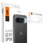 Skaidrus apsauginis stiklas galiniai kamerai Google Pixel 10 Spigen Optik TR Ez Fit 2Pack pakuoteje ir telefone