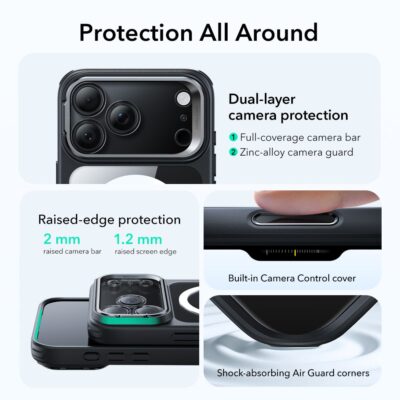 Juodas-skaidrus dėklas Apple iPhone 17 Pro Max ESR CLASSIC HYBRID KICKSTAND MAGSAFE su apsauga aplink kamerą ir pakeltomis kraštinėmis