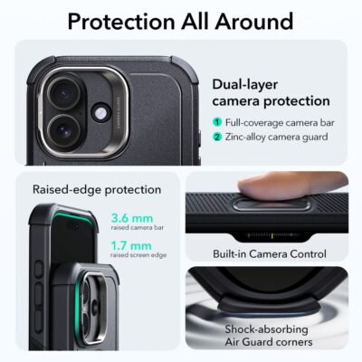 Juodas dėklas Apple Iphone 17 ESR CYBER KICKSTAND MAGSAFE su dviguba kamerų apsauga ir didelėmis kampinėmis apsaugomis