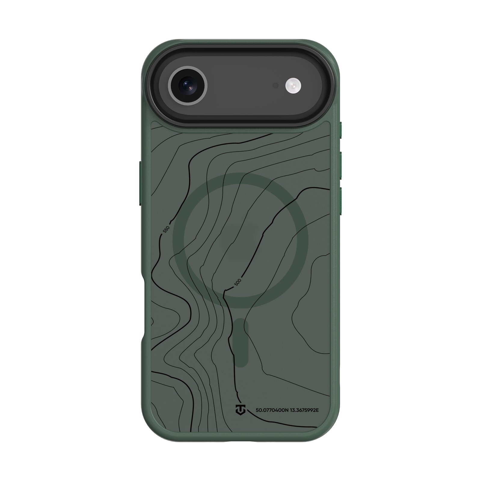Tamsiai žalias dėklas Apple Iphone 17 Air Tamsiai žalias dėklas Apple Iphone 17 Air su topografinio žemėlapio raštu