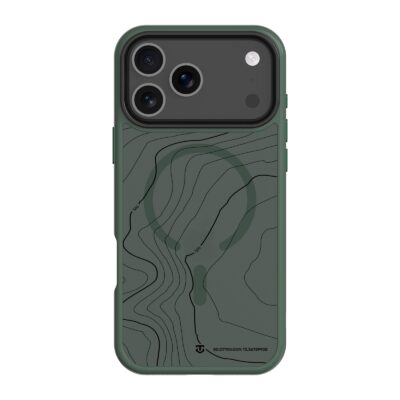 Tamsiai žalias dėklas Apple Iphone 17 Pro Max Tactical MagForce Hyperstealth Sika su žemėlapio raštais ir trimis kameros objektyvais