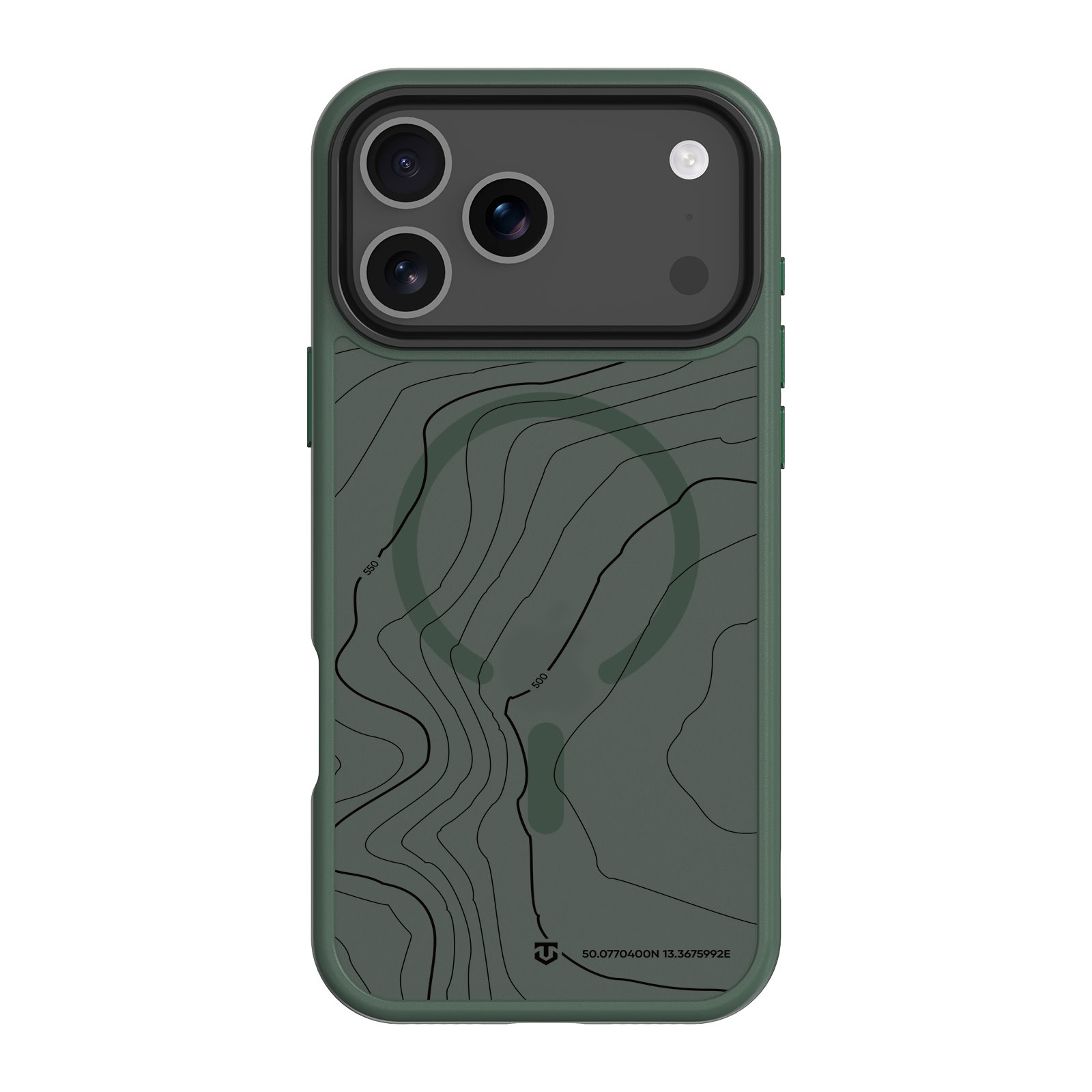 Tamsiai žalias dėklas Apple Iphone 17 Pro Max Tactical MagForce Hyperstealth Sika Tamsiai žalias dėklas Apple Iphone 17 Pro Max Tactical MagForce Hyperstealth Sika su žemėlapio raštais ir trimis kameros objektyvais