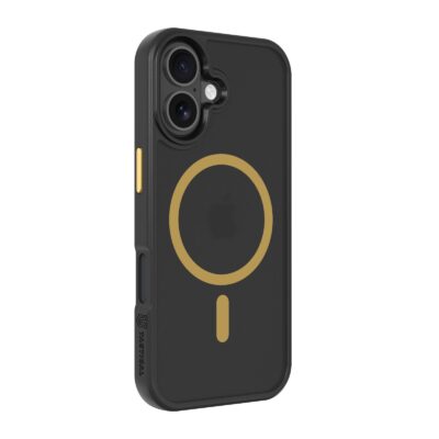 Juodas-geltonas dėklas Apple Iphone 17 su auksiniu apskritimu ir mygtuku