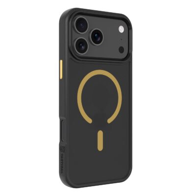 Juodas-geltonas dėklas Apple Iphone 17 Pro Max Tactical MagForce Hyperstealth 2.0mm su matinė juoda spalva ir geltonu magnetinio žiedo simboliu