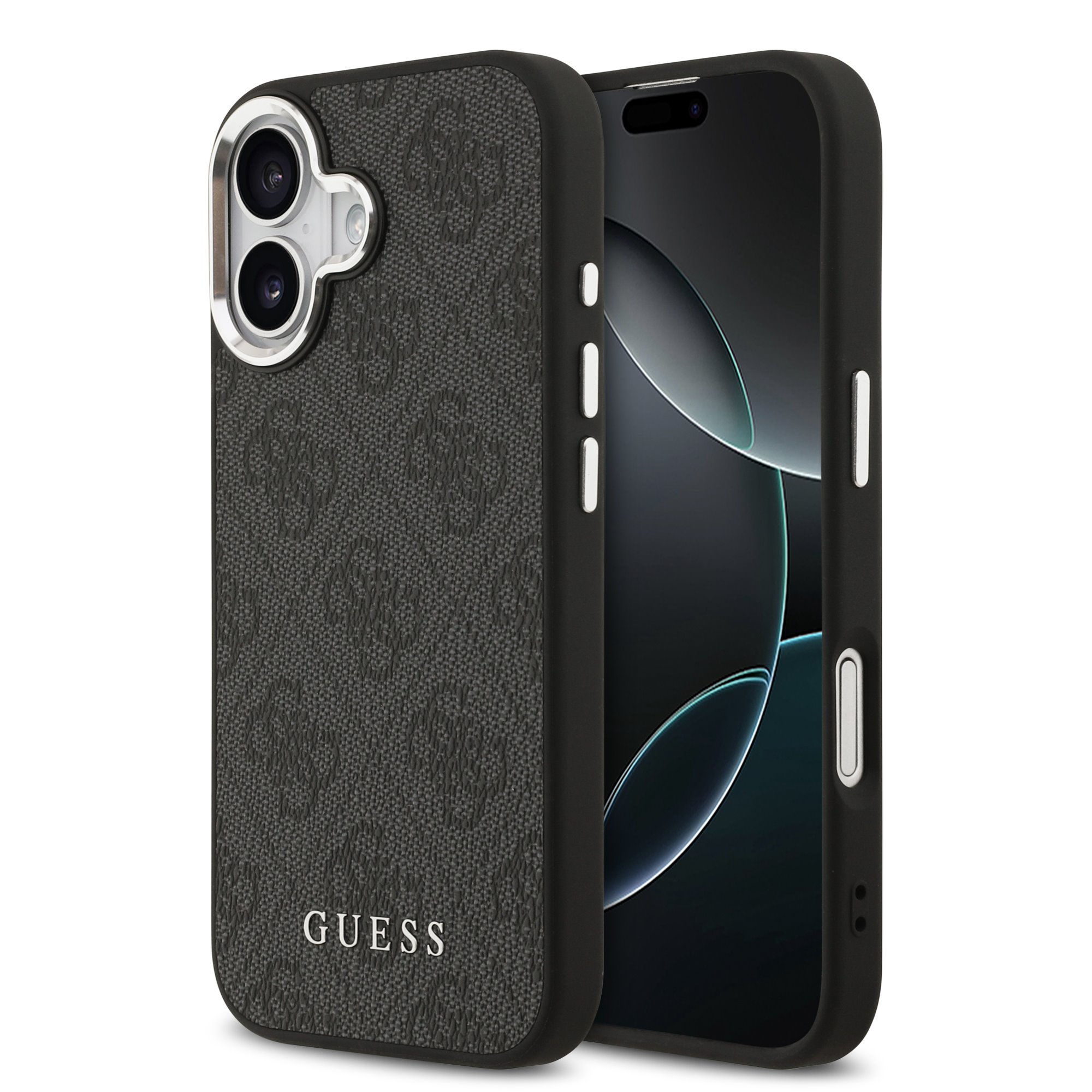 Juodas originalus dėklas Guess 4G MagSafe Juodas originalus dėklas Guess 4G MagSafe telefonui Apple iPhone 17 su tekstūruota medžiagine nugara ir logotipu.