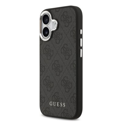Juodas originalus dėklas Guess 4G MagSafe telefonui Apple iPhone 17 su raštuota tekstūra ir GUESS logotipu