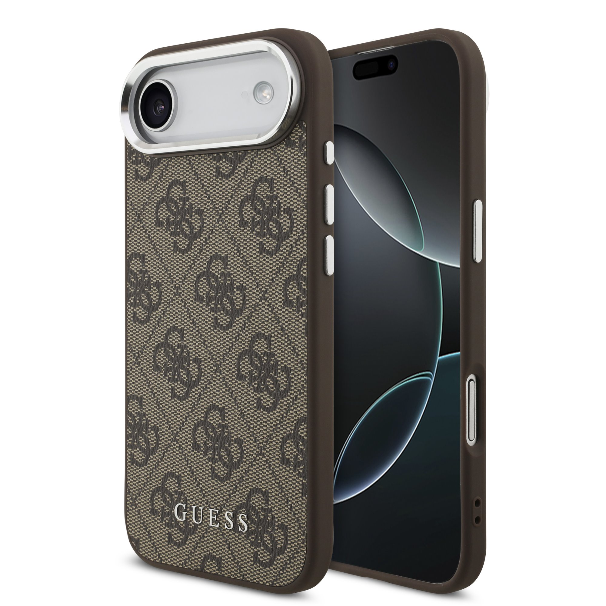 Rudas originalus dėklas Guess 4G MagSafe Rudas originalus dėklas Guess 4G MagSafe telefonui Apple iPhone 17 Air su raštu ir metaliniu ženkleliu