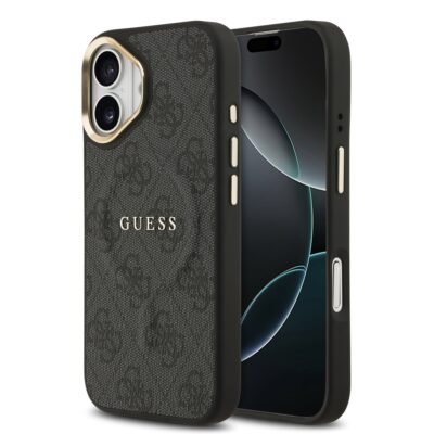 Juodas dėklas telefonui Apple iPhone 17 Guess PU Leather 4G Gold Frame su odiniu raštu ir auksiniu rėmeliu