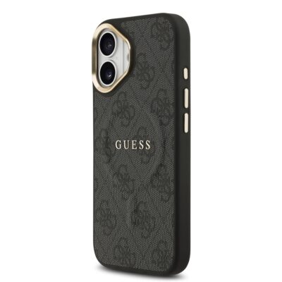 Juodas dėklas telefonui Apple iPhone 17 Guess PU Leather 4G Gold Frame MagSafe su tekstūru ir auksiniu rėmeliu