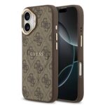 Rudas dėklas telefonui Apple iPhone 17 Guess PU Leather 4G Gold Frame MagSafe su išraižytu logotipu