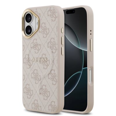 Rausvas dėklas telefonui Apple iPhone 17 Guess PU Leather 4G Gold Frame su raštuotu paviršiumi