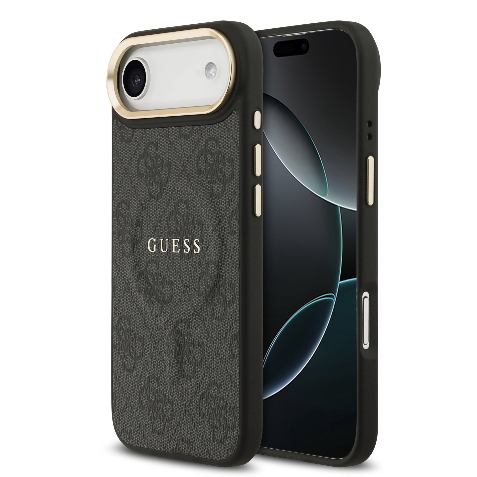 Juodas dėklas telefonui Apple iPhone 17 Air Guess PU Leather 4G Gold Frame MagSafe Juodas dėklas telefonui Apple iPhone 17 Air su auksiniu rėmeliu ir Guess logotipu