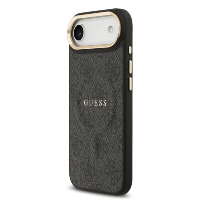 Juodas dėklas telefonui Apple iPhone 17 Air Guess PU Leather 4G Gold Frame MagSafe