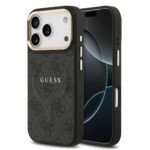Juodas dėklas telefonui Apple iPhone 17 Pro Guess PU odos su auksiniu rėmeliu ir MagSafe