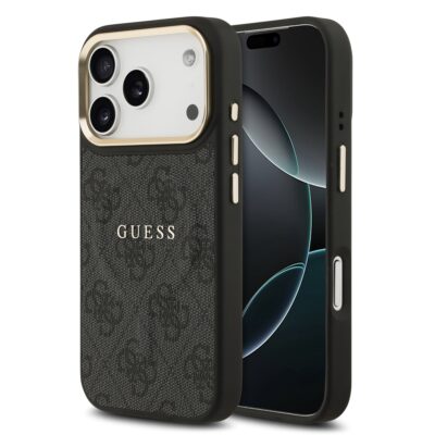 Juodas dėklas telefonui Apple iPhone 17 Pro Guess PU odos su auksiniu rėmeliu ir MagSafe