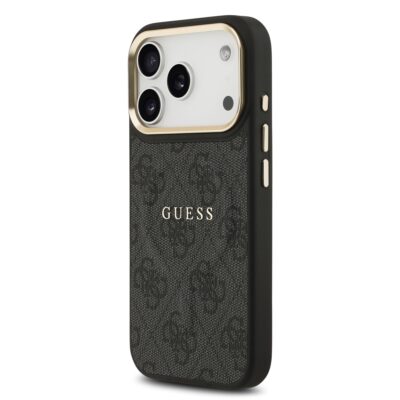 Juodas dėklas telefonui Apple iPhone 17 Pro Guess PU Leather 4G Gold Frame MagSafe su auksiniu rėmeliu aplink kamerą