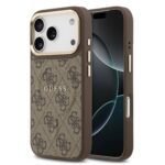 Rudas dėklas telefonui Apple iPhone 17 Pro Guess PU Leather 4G Gold Frame MagSafe su raštu ir auksiniu rėmeliu