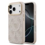 Rausvas dėklas telefonui Apple iPhone 17 Pro Guess PU Leather 4G Gold Frame MagSafe su raštu ir auksine apdaila